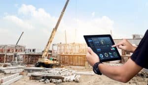 Smart Construction Project management system concept.Hands using